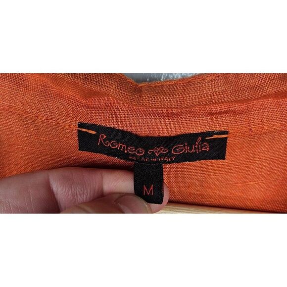 ROMEO GIULIA 100% Linen Top Lagenlook Button Down VNeck 3/4 Sleeve Orange Medium - Picture 6 of 7